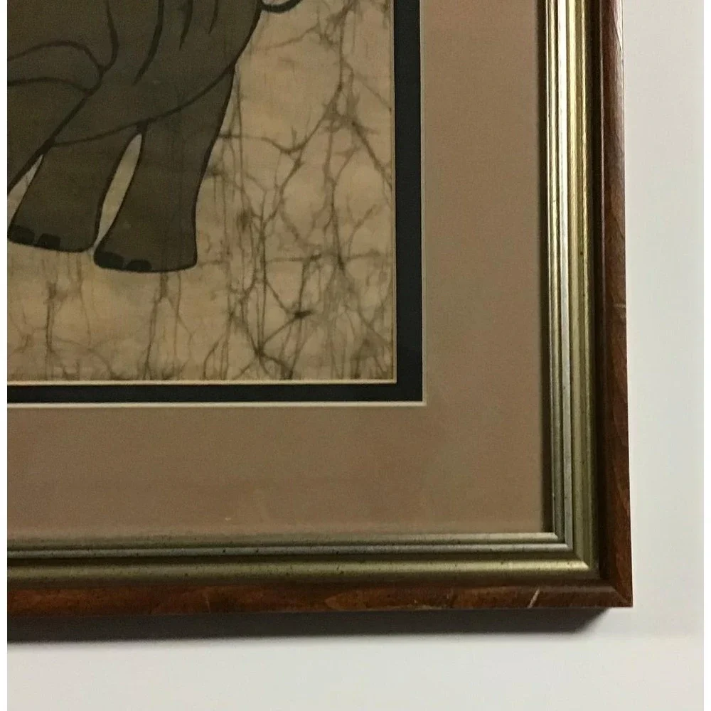 Vintage‎ African Rhino Batik Fabric Art Framed Textile Rhinoceros Tribal Decor